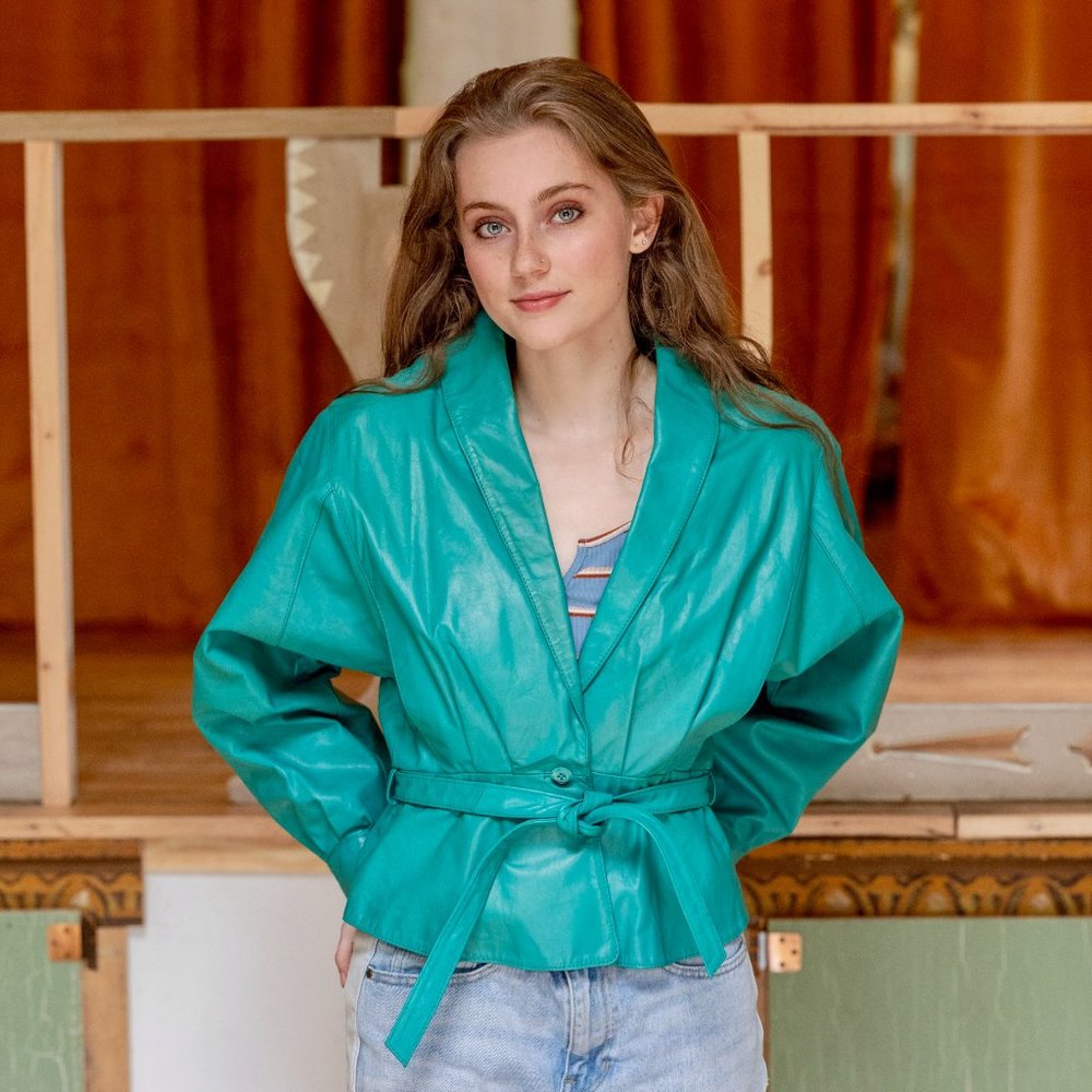 80's Wilson Turquoise Leather Peplum Jacket w/ Dolman Sleeves